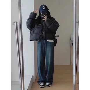 水泥灰加绒直筒牛仔裤女秋冬小个子大码胖mm梨形身材显瘦阔腿裤子