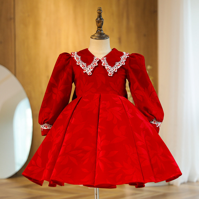 儿童酒红礼服加厚演奏生日演出服高端女童主持人中国风晚礼服轻奢