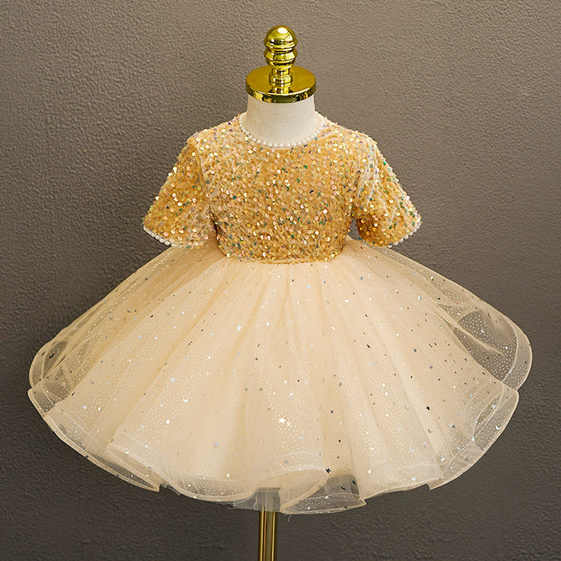 儿童轻奢晚会主持人钢琴演出服女童金色礼服生日周岁宴公主裙洋气