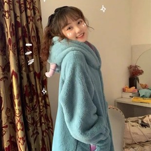 苏利文怪兽珊瑚绒睡袍女秋冬季加绒加厚家居服套装可爱卡通睡衣冬