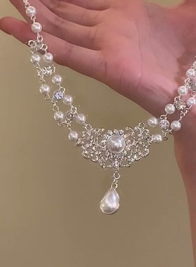 法式水滴珍珠项链复古公主宫廷风锁骨新娘婚纱晚礼服镶钻锆石颈链