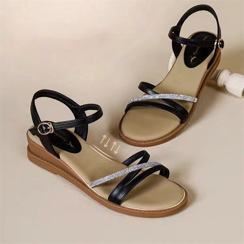 紅青蜒平底坡跟凉鞋女款2024新款夏季外穿女鞋软底水钻妈妈时尚白