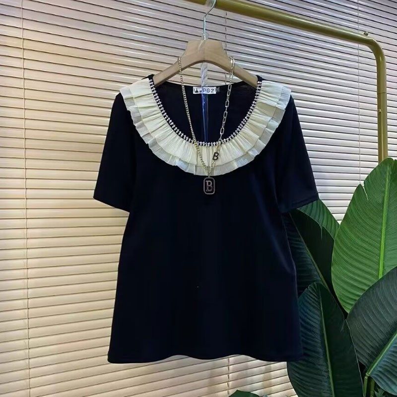 加大码女装休闲百搭领口花边烫钻短袖上衣胖妹妹宽松减龄显瘦小衫,女装/女士精品,大码内搭,淘宝优惠券,粉丝福利购,淘宝优惠卷