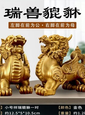 全铜貔貅摆件一对公母招财貔恘家居办公室客厅玄关装饰开业礼物铜