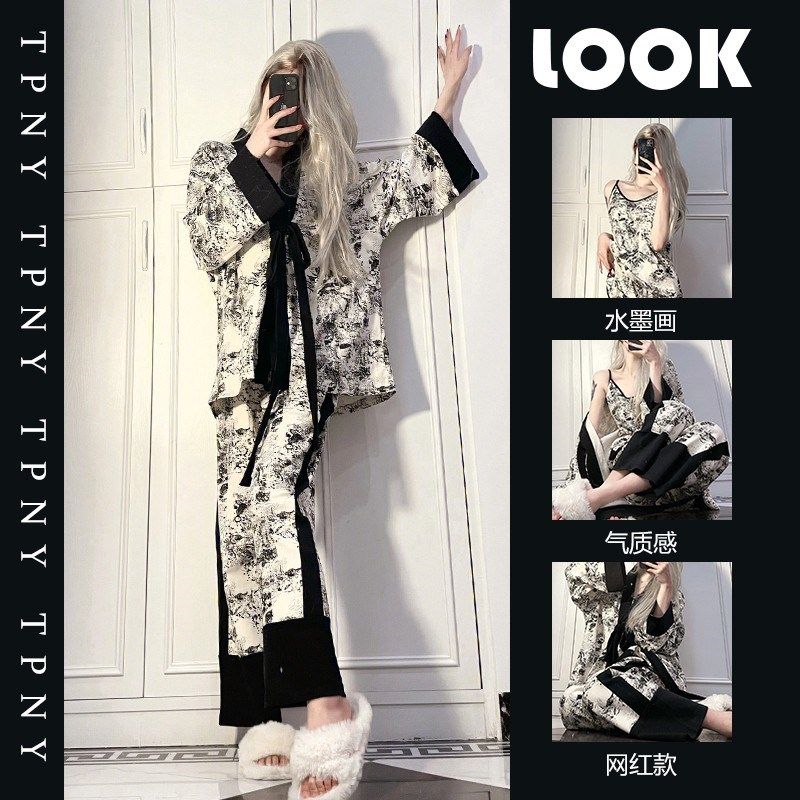 国风水墨画印花长袖睡衣女春秋季新款高级吊带长裤家居服三件套装,女士内衣/男士内衣/家居服,睡衣/家居服套装,淘宝优惠券,粉丝福利购,淘宝优惠卷