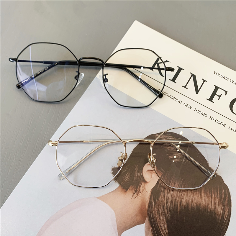 复古多边形网红素颜大脸显瘦近视眼镜女配度数平光镜金属眼镜框男