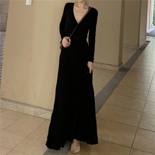 到脚踝的长款春装连衣裙 赫本风毛线打底裙 针织收腰显瘦大摆长裙