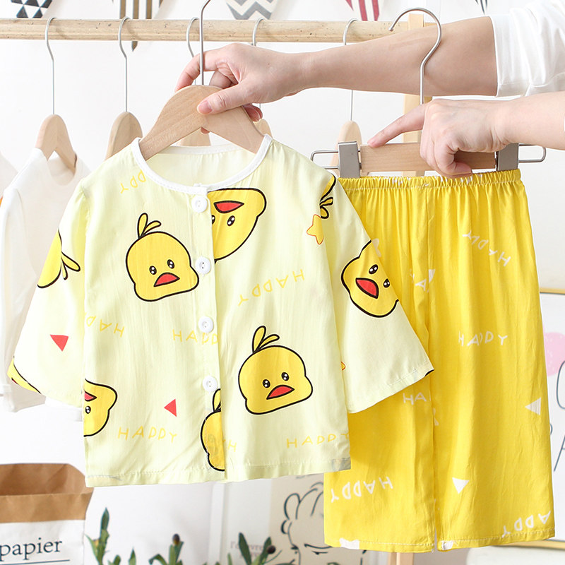 夏季棉绸儿童小孩睡衣套装男孩女童绵绸长袖开衫薄空调家居服宝宝