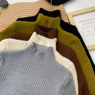 儿童加绒毛衣男童打底衫秋冬款半高领一体绒针织中领修身瘦版黑色