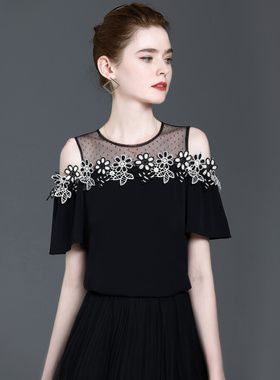 黑色蕾丝上衣女夏季短袖性感露肩网纱t恤女遮肚子显瘦洋气雪纺衫