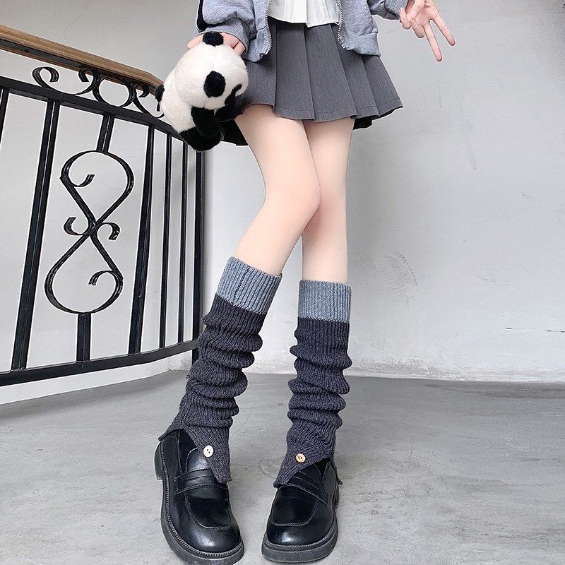 灰黑拼接撞色针织袜套堆堆袜子女秋冬纽扣开叉小腿过膝袜jk搭长靴,女士内衣/男士内衣/家居服,长筒袜,淘宝优惠券,粉丝福利购,淘宝优惠卷