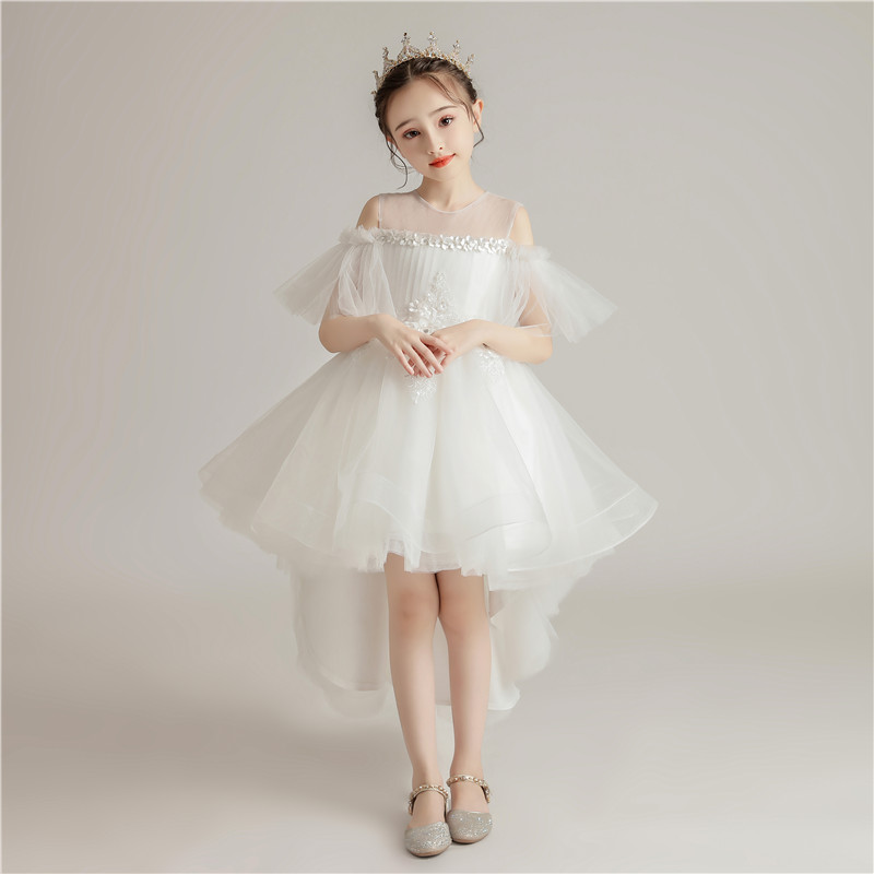 女童公主裙白色前短后长儿童生日花童钢琴表演小主持人晚礼服夏季