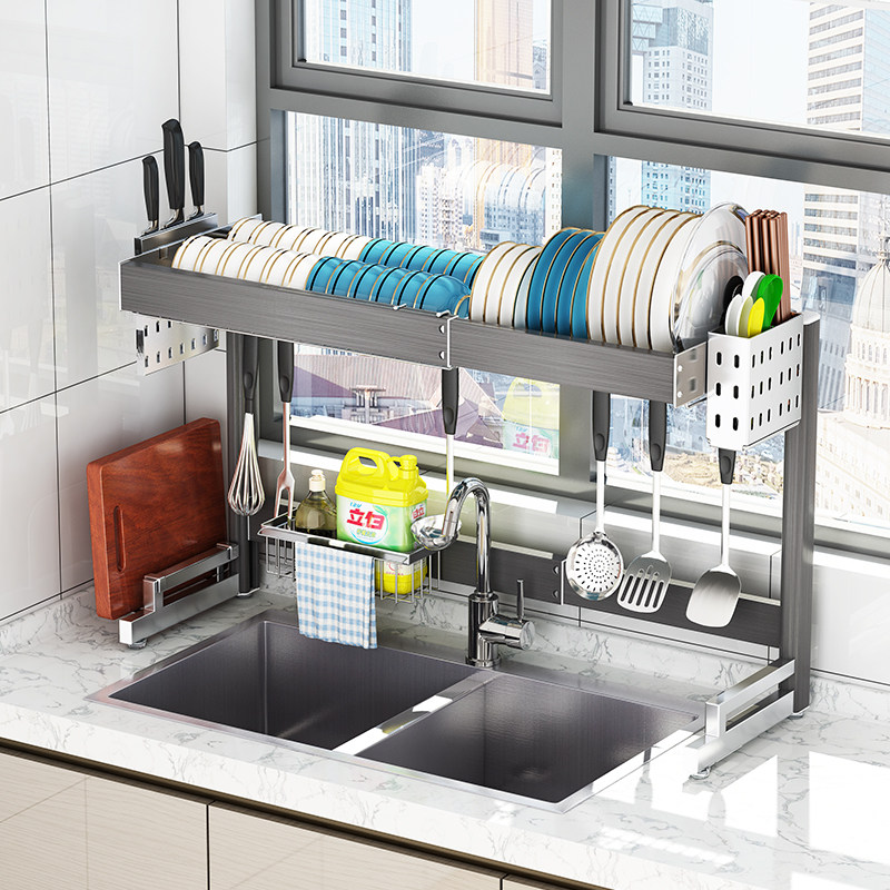 厨房水槽置物架304不锈钢可伸缩放碗架双槽沥水架家用碗筷收纳架