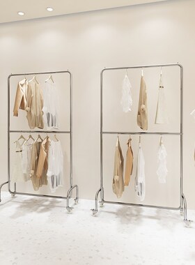 服装店展示架不锈钢双层中岛架女装店落地式银色带轮子陈列架货架
