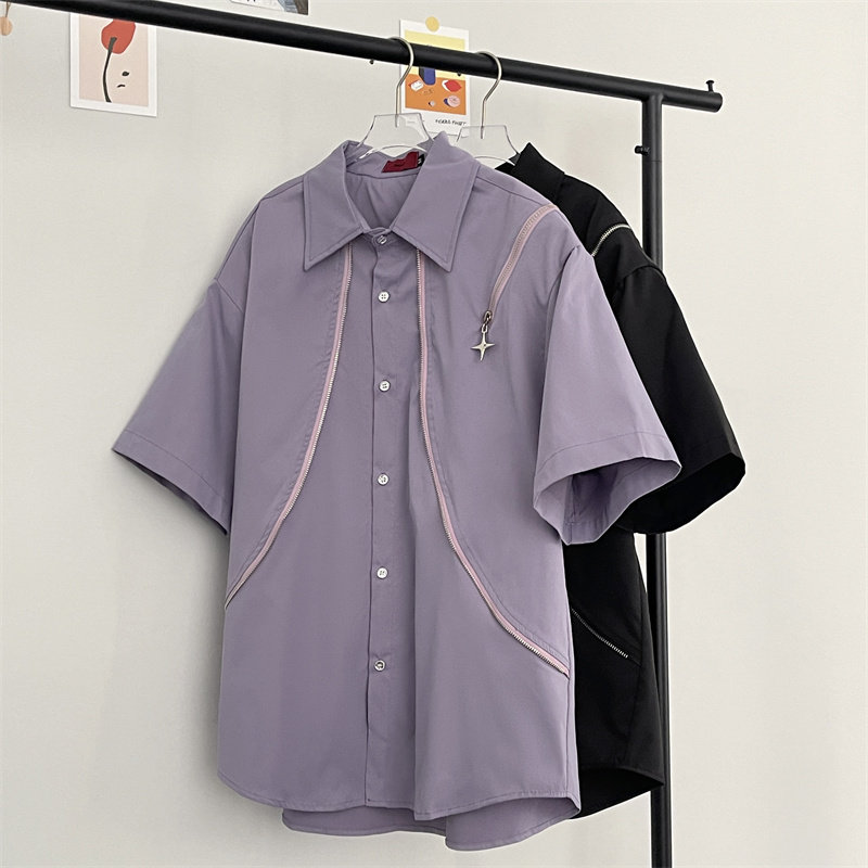 复古星星金属拉链开衫短袖衬衫男女夏季宽松翻领五分袖衬衣外穿潮,男装,衬衫,淘宝优惠券,粉丝福利购,淘宝优惠卷