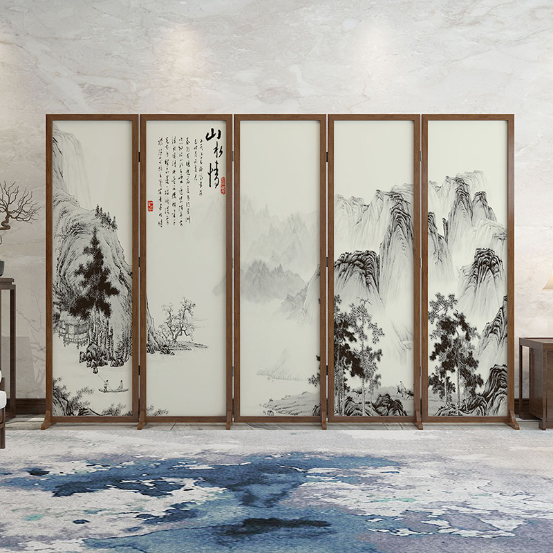 新中式原木折叠移动屏风隔断办公室茶叶店客厅遮挡水墨风景国画