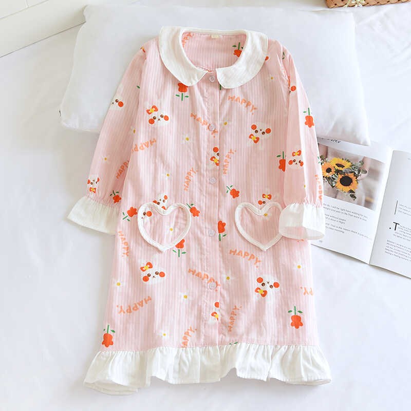 可爱花朵兔儿童夏季薄纯棉纱布女童长袖睡裙宝宝娃娃领全棉家居裙