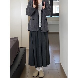 梨型身材灰色糯米裙秋季女大码中长款裙子胖mm遮肚显瘦a字半身裙