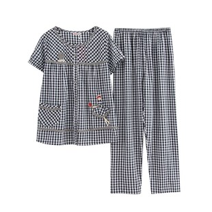 麦可将2023夏季新款女人短袖长裤梭织纯棉布格子宽松可爱睡衣9180