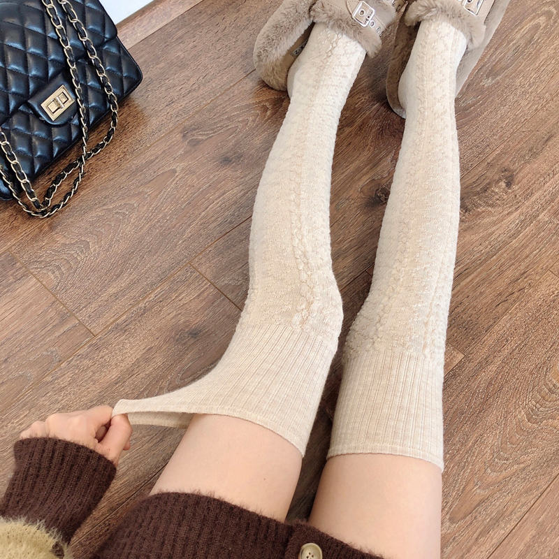 秋冬加厚米白色长筒袜加绒保暖灰色高筒袜羊毛JK大腿袜过膝袜子女
