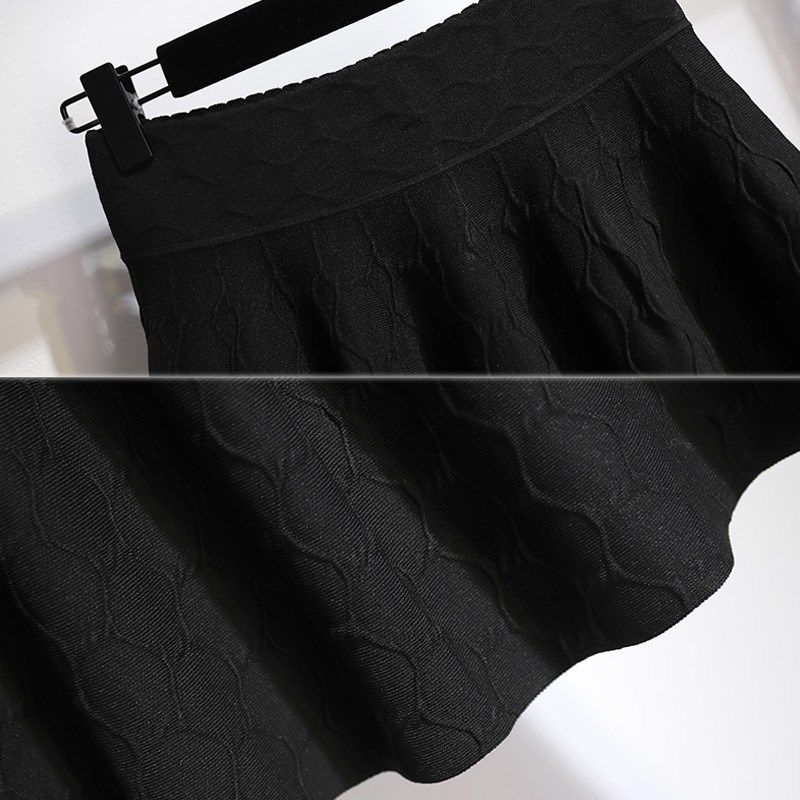 针织短裙a字半身裙女士秋冬高腰提花蓬蓬裙半截2024新款黑色短款