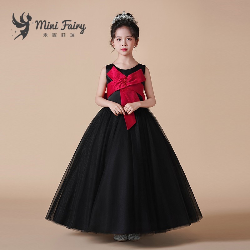 儿童黑色钢琴演出服学生管弦乐团演奏礼服高端缎面小提琴比赛长裙