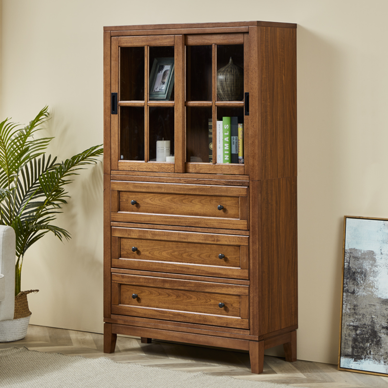 美式实木书柜带门防尘玻璃置物架落地展示柜家用推拉门储物柜收纳