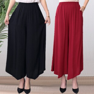 棉绸印花高腰裙裤 宽松大尺码 民族风九分 阔腿裤 2025春夏中老年女裤