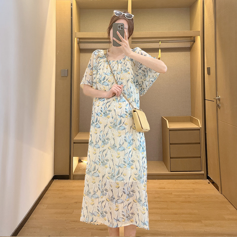 孕妇装2023时尚碎花连衣裙夏季辣妈韩版潮宽松个性孕妇中长外穿裙