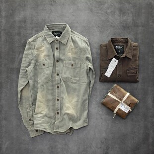 阿美咔叽做旧砂洗复古厚实粗犷牛仔衫外套潮男装修身长袖条纹衬衫