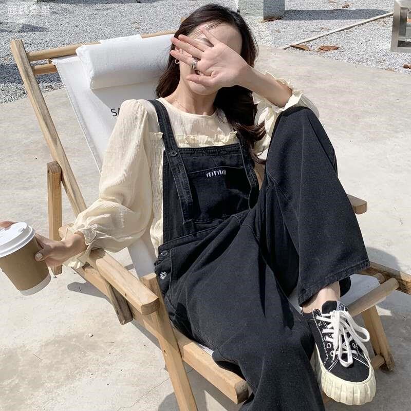 孕妇裤子女夏季外穿2022新款春秋背带裤套装小个子牛仔阔腿裤秋装图片