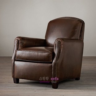美式真皮沙发单人休闲椅客厅书房卧室家具简Q约复古油蜡皮高背椅