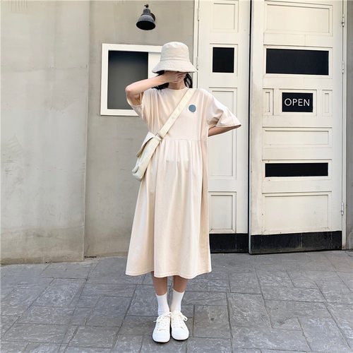 孕妇装2021女夏新款韩版中长款短袖圆领仙女裙大码宽松孕妇连衣裙
