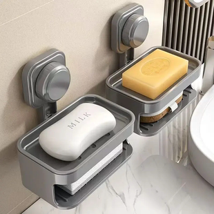 吸盘肥皂盒壁挂式香皂盒免打孔置物架浴室卫生间双层肥皂架沥水架