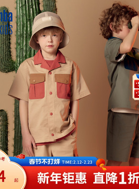 nbakids童装夏季男女童翻领短袖撞色衬衫舒适潮流上衣K242SH330P