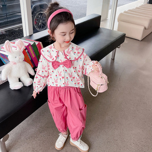 女童秋季套装2023新款洋气时髦网红衬衫工装裤女宝宝秋装两件套