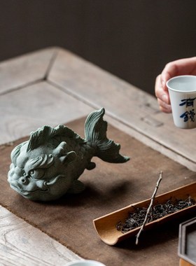 碌心  中式国潮逗兽记鱼龙装饰摆件 青砂石瑞兽桌面茶宠鱼缸造景