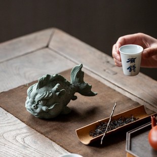 碌心  中式国潮逗兽记鱼龙装饰摆件 青砂石瑞兽桌面茶宠鱼缸造景