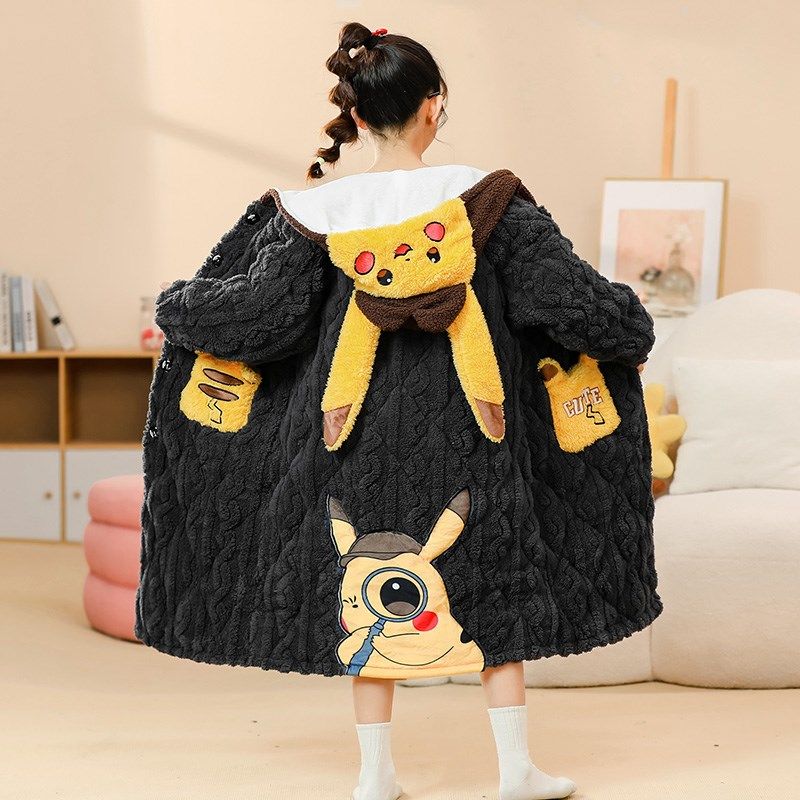 女童睡袍冬季三层加厚款夹棉女孩长款卡通加绒保暖儿童家居服浴袍