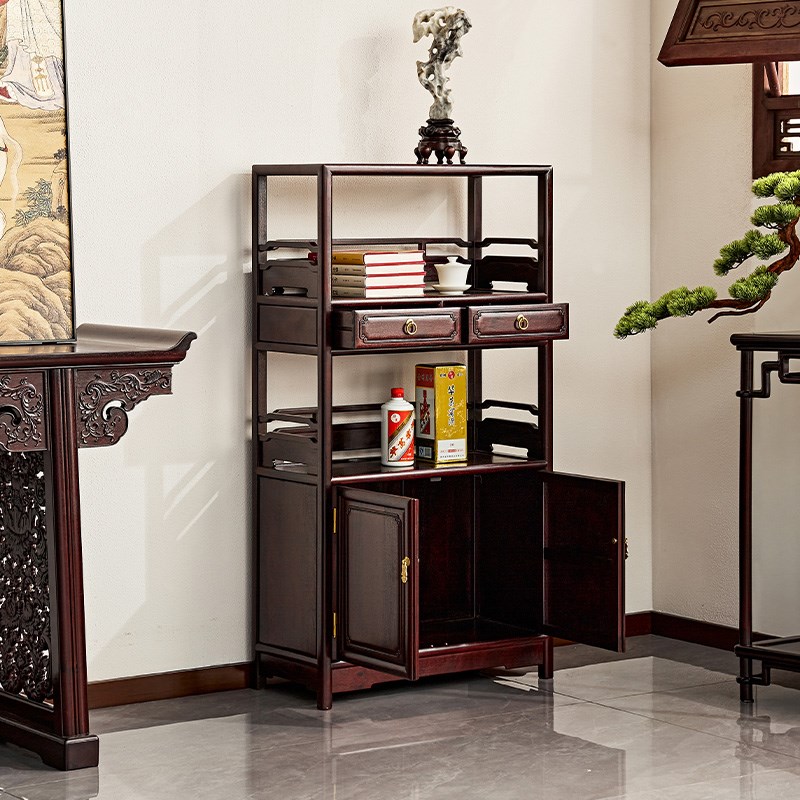 宋韵赞比亚血檀小书架新中式茶水架实木餐边柜非洲小叶紫檀茶水柜