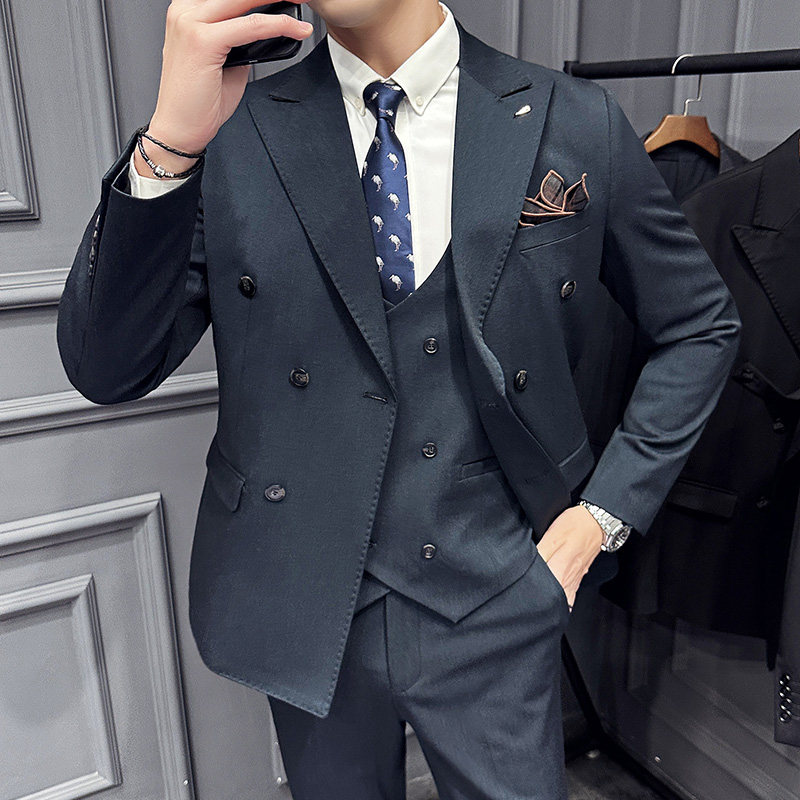 2023秋季英伦风双排扣西装男套装休闲商务正装高级感新郎结婚礼服