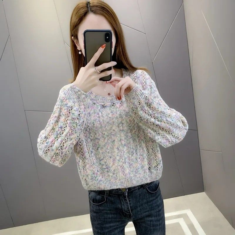 长袖女上衣时尚洋气2023早秋新款潮宽松小个子镂空夏天短装针织衫