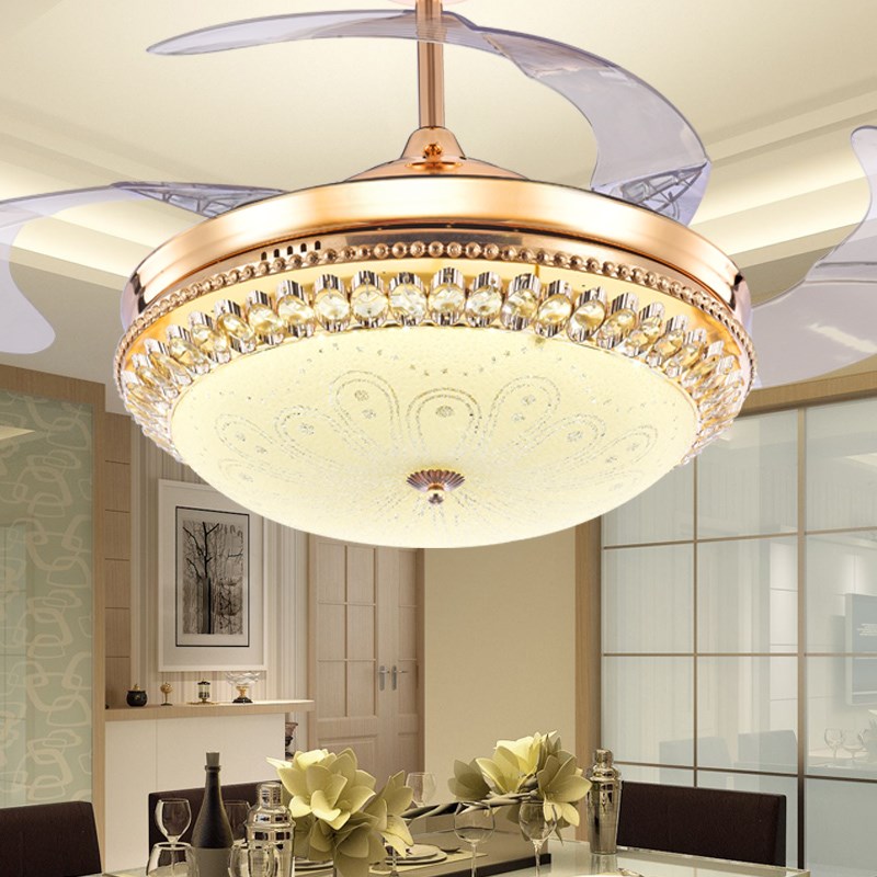 风扇灯金色水晶带灯吊扇灯隐形风扇吊灯大气餐厅客厅卧室电扇灯