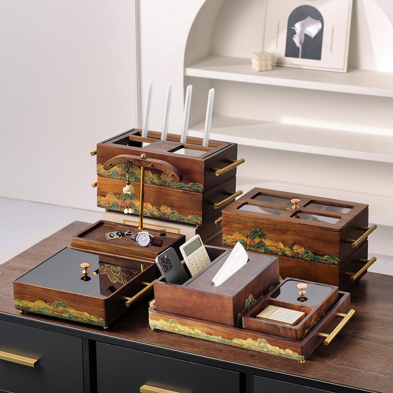 纸巾盒轻奢胡桃色实木客厅高档茶几收纳盒烟灰缸套装新中式抽纸盒