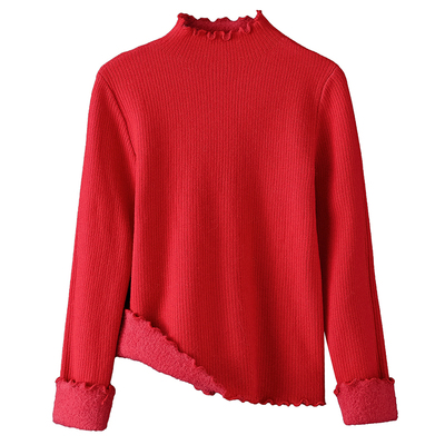 半高领加绒毛衣女加厚一体绒保暖秋冬小个子短款针织木耳边打底衫