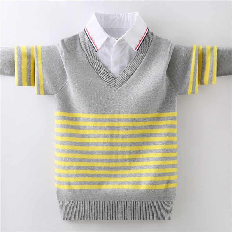 男童毛衣春秋薄款儿童纯棉针织衫假两件中大童男孩衬衫领打底衫潮