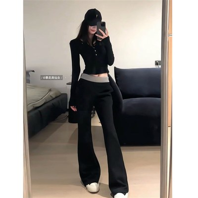 175高个子加长版180黑色休闲微喇裤女低腰美式设计感拖地裤子加绒