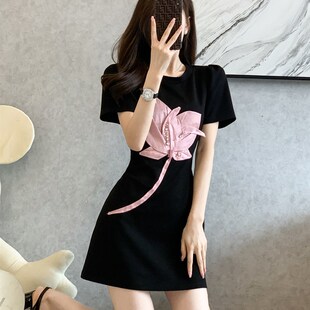 夏季 郁金香甜美圆领宽松显瘦T恤裙别致设计感黑色连衣裙女装 减龄