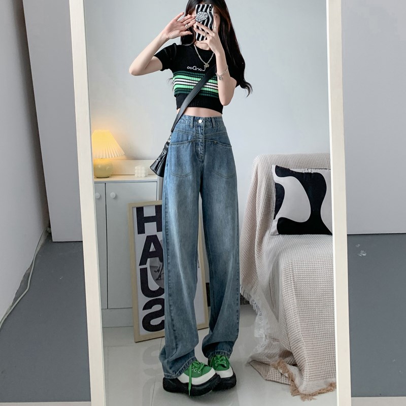 复古高腰直筒牛仔裤女新款2024年美式小众宽松显瘦垂感阔腿拖地裤