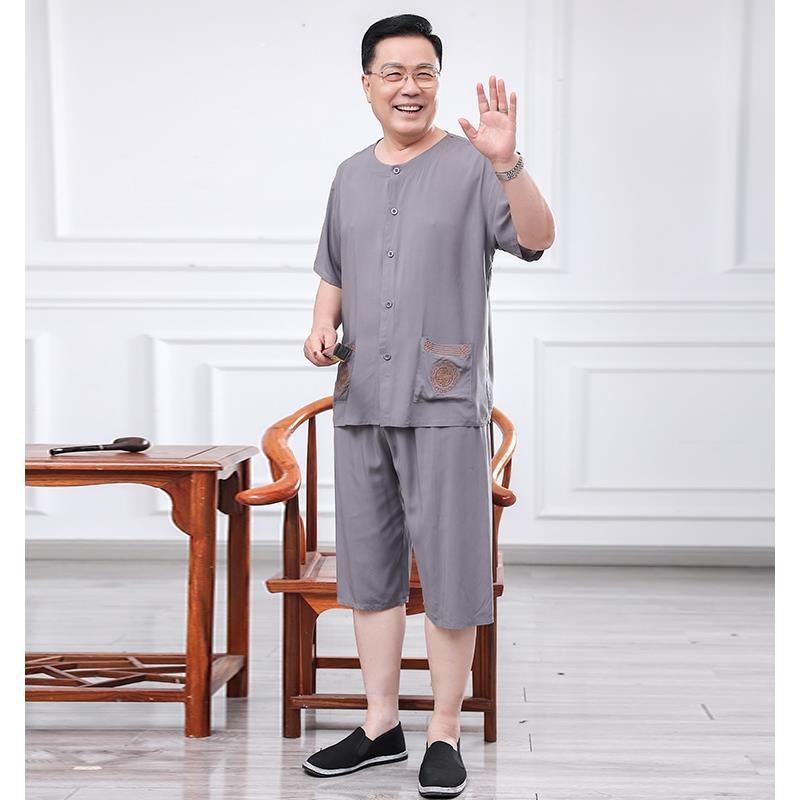 老爷爷开衫棉绸短袖套装男装夏季睡衣老年人爸爸休闲薄唐装两件套